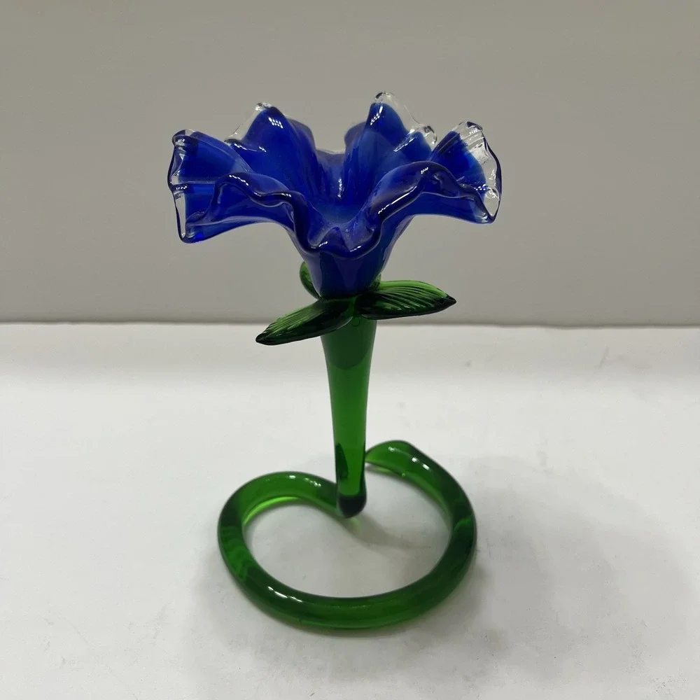 Vintage Hand-Blown Art Glass Flower Vase Candle Holder Cobalt Blue 6x4